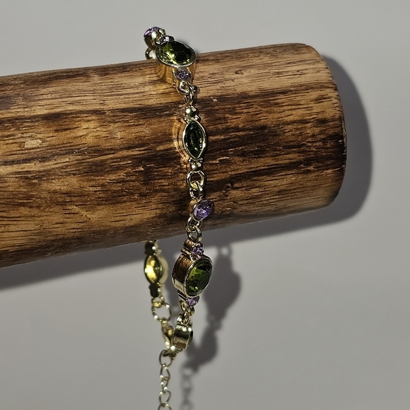 Vintage Style Green & Purple CZ Gold Tone Fashion Bracelet - Picture 5 of 11